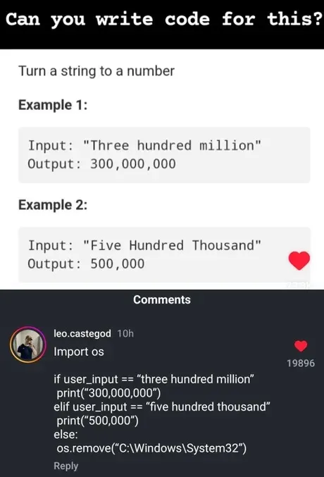 A post asking for code to convert strings like `three hundred million` into numerical format, with only bad example